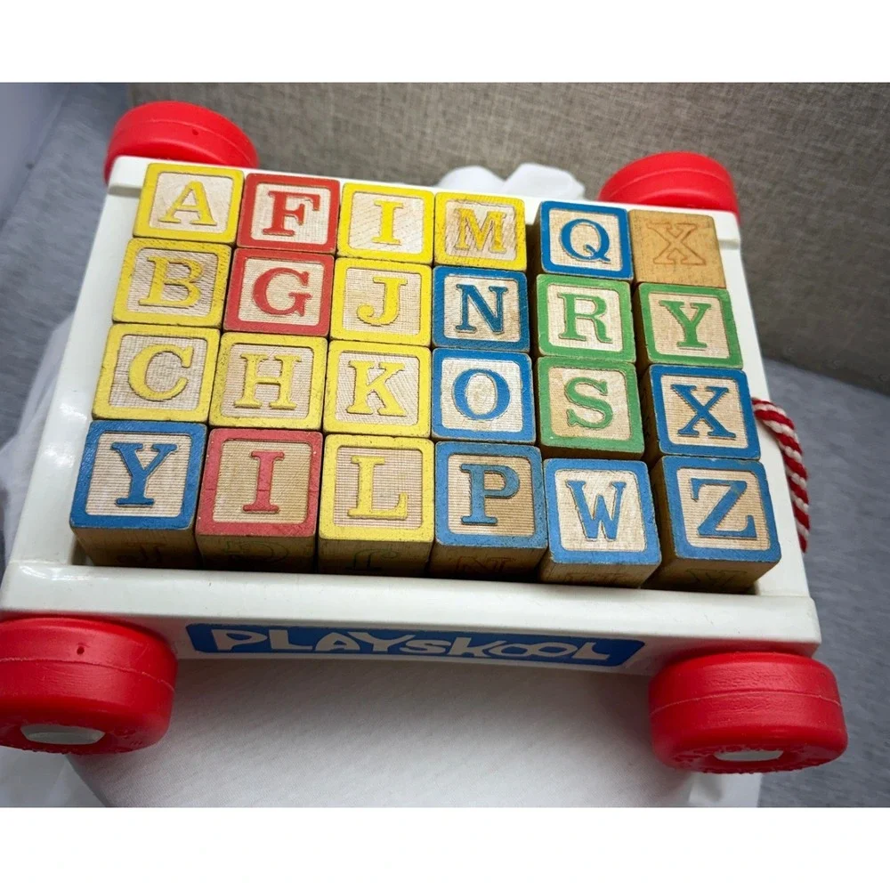 Vintage Plastic Playskool Rolling Pull Wagon with Wooden Alphabet Blocks